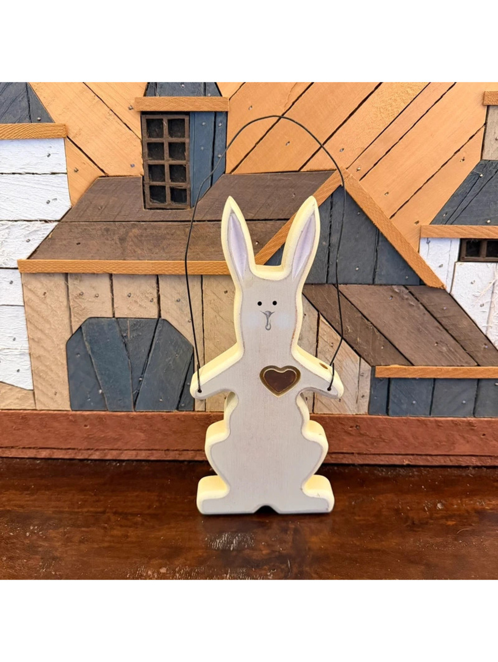 Rustic Wooden Easter Bunny Hanging Decor Primitive Distressed Rabbit Wire Sign